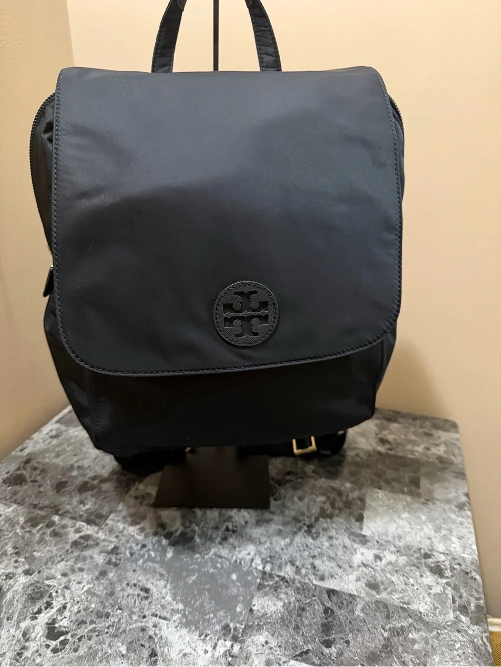 Tory Burch Black Nylon Backpack with Logo Flap